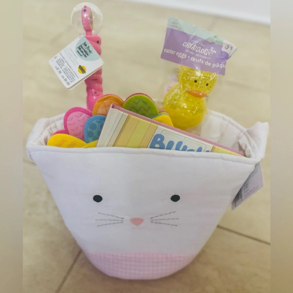 Pottery Barn Kids Tie-Ear Bunny Bucket, 2 Books Plastic Eggs & Light Up Bubbles